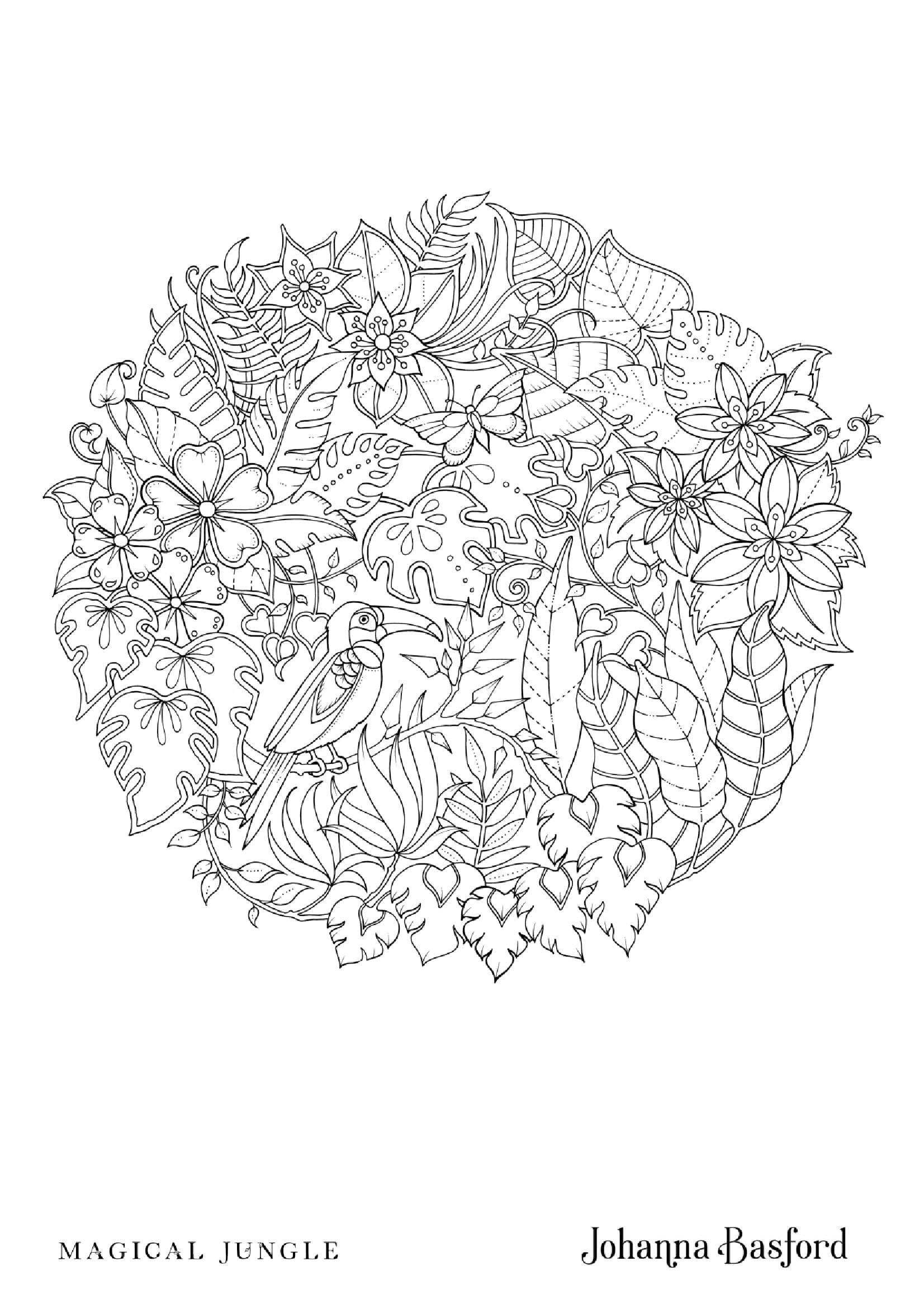Coloriage Toucan dans composition circulaire tropicale - Adulte par johanna basford à imprimer